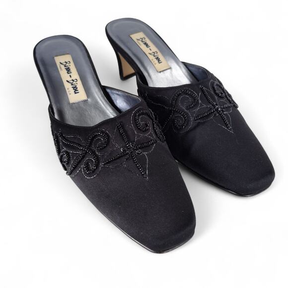 Vintage Y2K Bisou Bisou Black Beaded Kitten Heel Mules Slip-On Evening Shoes 7.5 - Picture 1 of 12